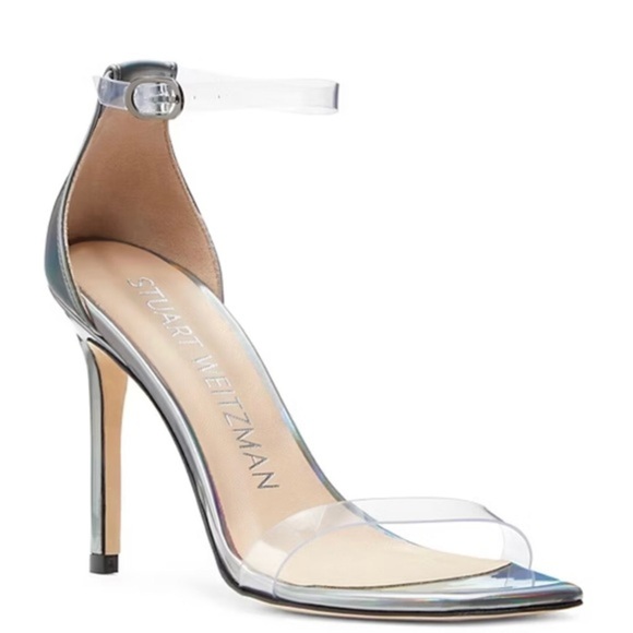 Stuart Weitzman holographic gunmetal NUDISTCURVE 100 stiletto heels size 9.5 new - Picture 1 of 8